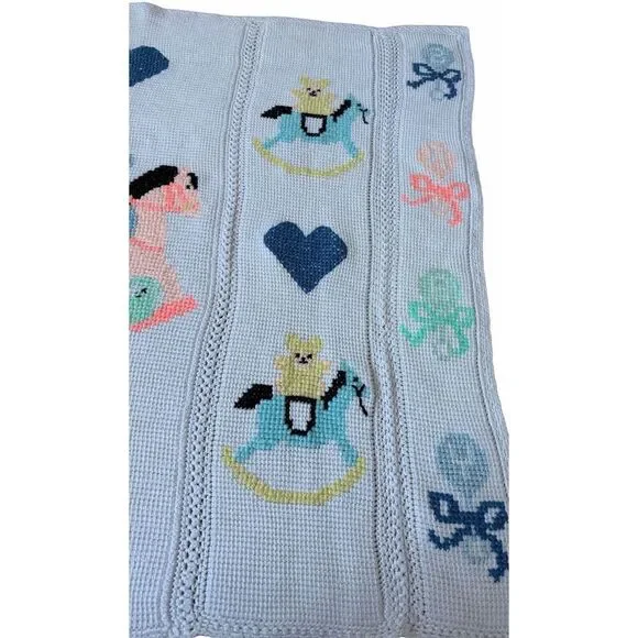 Vintage Baby Blanket Hand Knit Handmade Rocking Horse Hearts Heirloom Nursery 33 - Picture 3 of 5